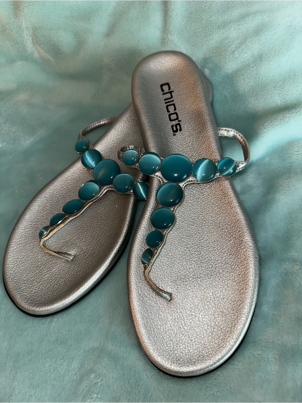 Chico's Silver Sandals with Teal Stone Accents